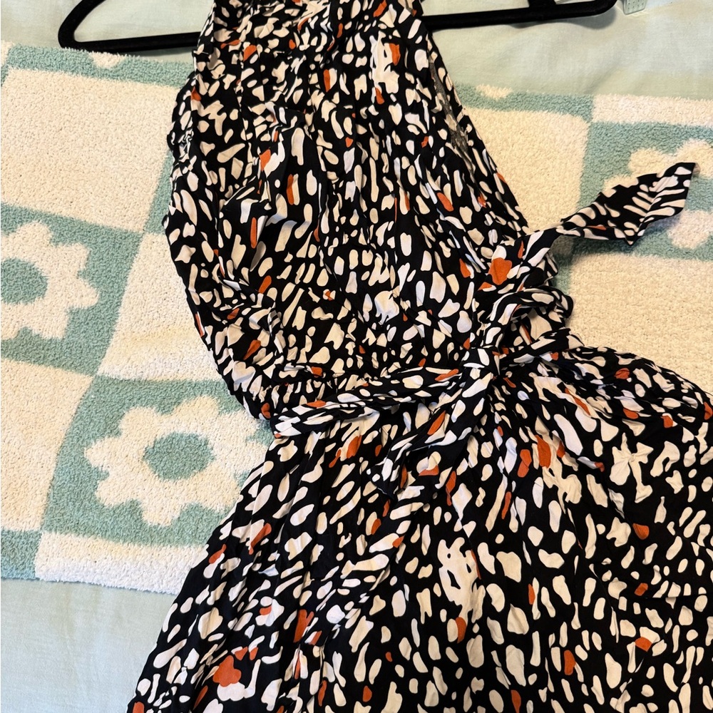Black and White Patterned Dress with Orange Accents